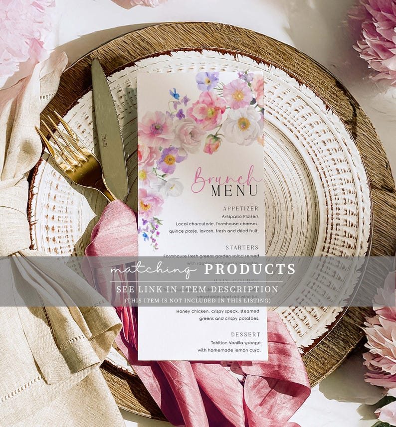 May include: A pink and white floral brunch menu with the text "Brunch Menu" in pink script. The menu lists appetizers, starters, and dessert options. The text "matching PRODUCTS" is in a pink box with a white outline. The text "SEE LINK IN ITEM DESCRIPTION (THIS ITEM IS NOT INCLUDED IN THIS LISTING)" is in a white box with a pink outline.