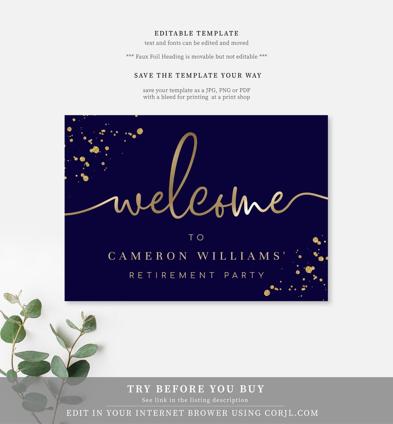 Editable Welcome Sign Navy Gold Printable Unisex Birthday - Etsy