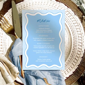 Editable Menu Template, Blue Baby Shower Table Menu, Printable Editable Baby Brunch Menu, Baby Boy Shower Menu, Modern Curvy Wave Line
