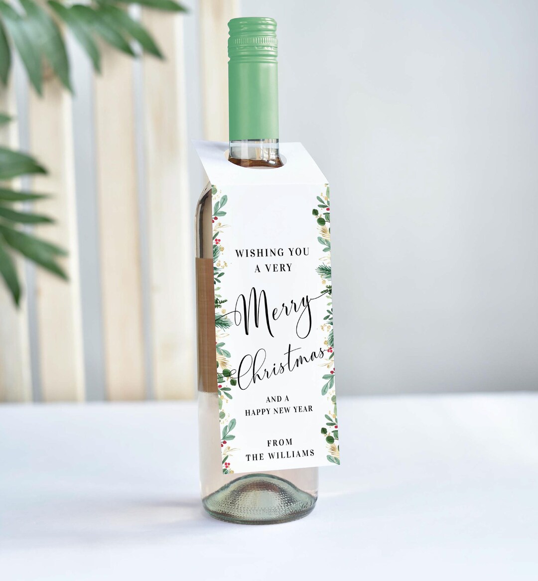 Printable Christmas Wine Bottle Tag Holly Greenery Wine Bottle Bib ...