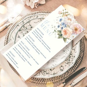 Blue Floral Menu Template, Printable Brunch Menu, Bridal Shower Lunch Menu, Girls Lunch Menu, Baby Shower Menu, Birthday Menu, Hargrove