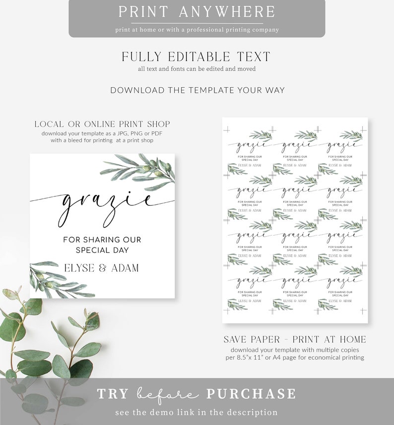 May include: Printable thank you card with a green leafy design. The card says "Grazie" for sharing our special day, Elyse & Adam.  The card is designed to be printed at home or at a print shop.