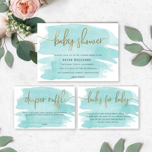 Suite d'invitations pour baby shower bleu sarcelle - billet de tombola et carte de livres pour bébé - feuille d'or - invitation à une baby shower non sexiste - aquarelle bleu sarcelle