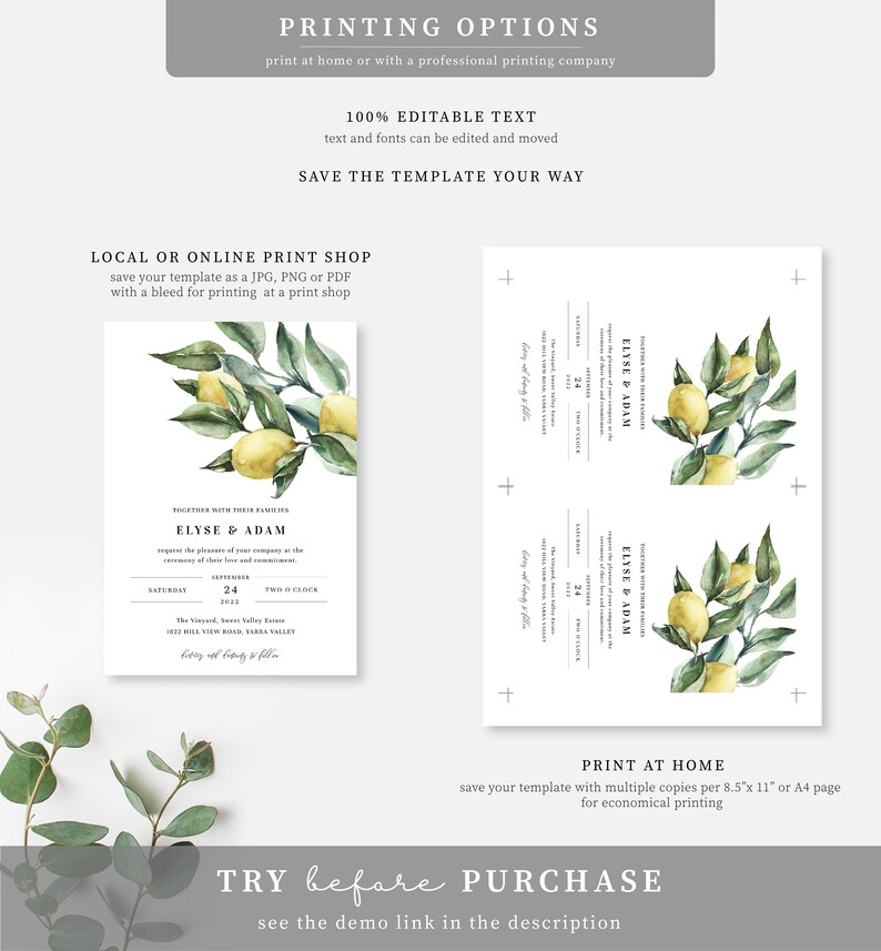 Printable Wedding Invitation Suite, Detail and RSVP Postcard, Italian Lemons Editable Wedding Invitation Set, Italian Amalfi Lemons, Tuscan image 9