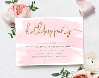 Editable Birthday Party Invitation - Printable Pink Watercolor Birthday Invitation - Gold Foil - Girls Birthday Party Invite