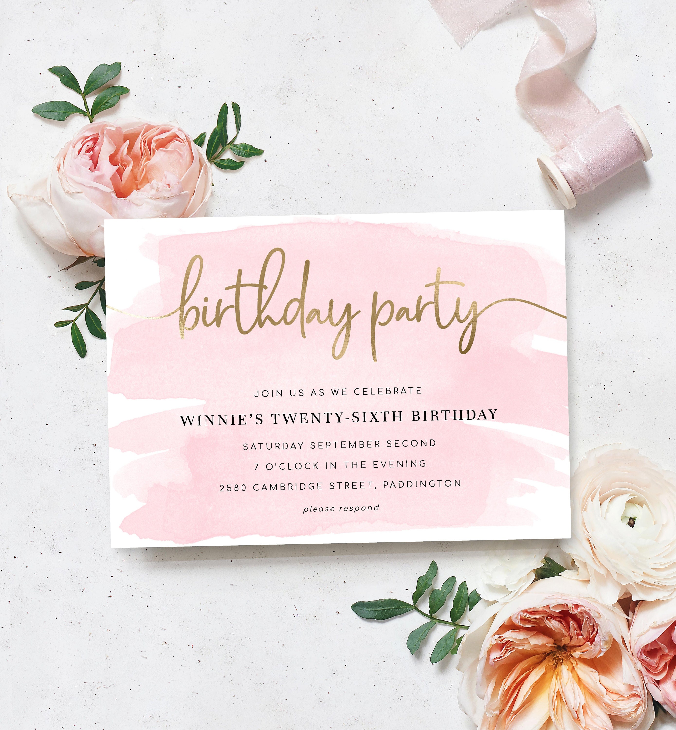 Editable Birthday Party Invitation Printable Pink Watercolor Etsy Editable Birthday Party Invitation Printable Pink Watercolor Etsy