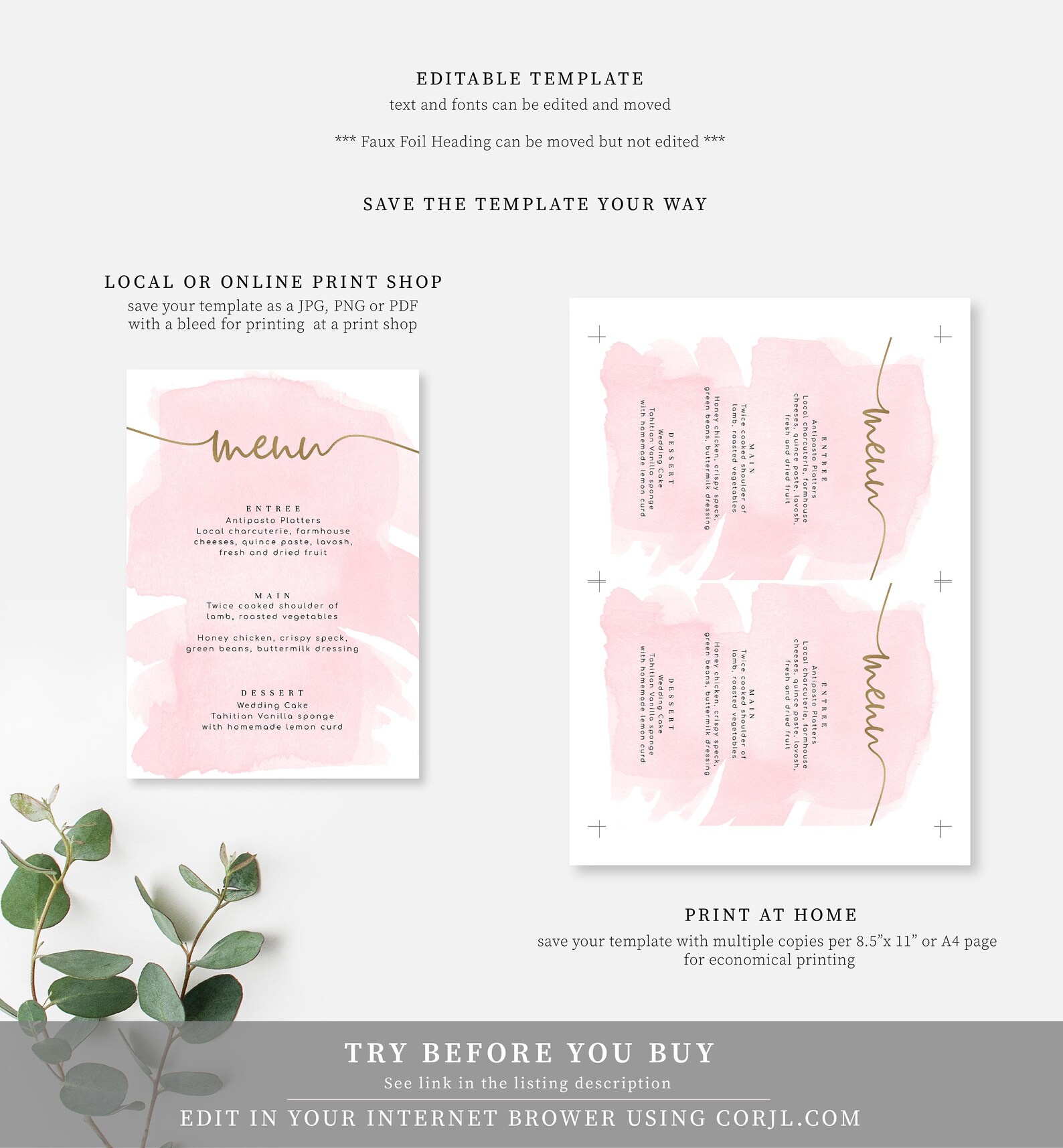 Editable Menu Printable Dinner Menu Gold Foil Pink | Etsy