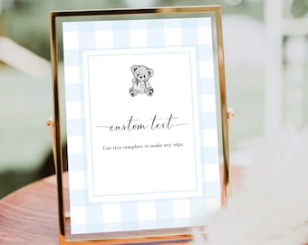 Printable Teddy Blue Gingham Custom Text Sign, Boy Baby Shower Blue Check Custom Text Sign, Picnic Baby Shower, Blue Buffalo Check Gingham