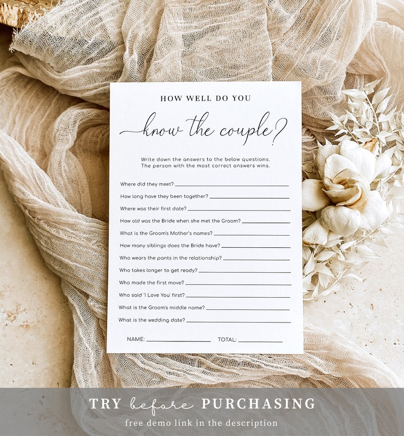 How Well Do You Know The Couple Game, Bridal Shower Couples Trivia Game, Modern Minimalist Wedding Shower Couples Quiz Game, Quinn Script