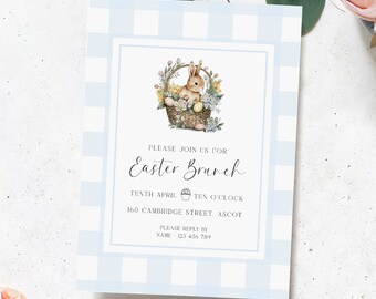 Blue Gingham Easter Brunch Invitation Template, Easter Lunch Invite, Family Easter Party Invitation, Easter Bunny Basket Invitation