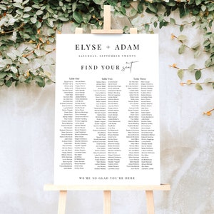 Plano de asientos editable para 3 mesas de banquete de boda, plantilla moderna y minimalista de plano de asientos, póster con el plano de asientos de la lista de invitados, Estelle