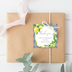Printable Thank You Square Favor Tag, Positano Blue Tile Lemon, Bridal Shower Favor Tag, Baby Shower Favor Tag, Italian Wedding Favor Tags