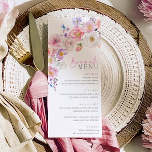 Menú de flores silvestres rosa intenso, menú imprimible para brunch, menú de almuerzo para despedida de soltera, menú de almuerzo para niñas, menú para baby shower, menú de cumpleaños, Eloise