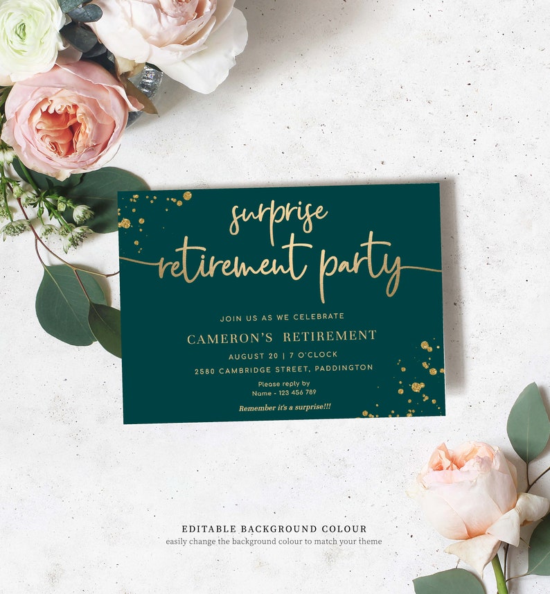 Editable Surprise Retirement Party Invitation, Printable Red Gold Leaving Party Invitation Template, Unisex Retirement Invite, Paintly