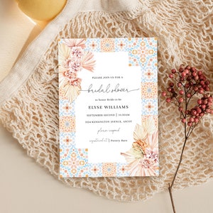 Invito stampabile per doccia nuziale con piastrelle marocchine - Palma con fiori secchi Boho - Inviti per feste di galline modificabili - Sogno del deserto