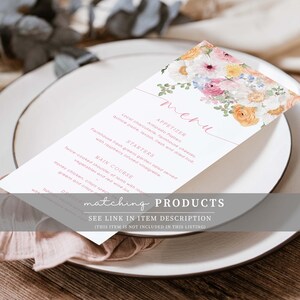 May include: A pink and white menu card with a floral design. The menu card lists appetizers, starters, and main courses. The text "matching PRODUCTS" is at the bottom of the card with a link to the item description.