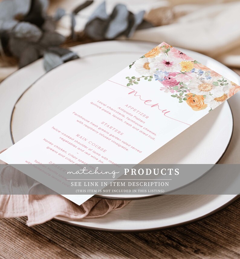 May include: A pink and white menu card with a floral design. The menu card lists appetizers, starters, and main courses. The text "matching PRODUCTS" is at the bottom of the card with a link to the item description.