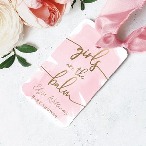 Girls Are The Balm lippenbalsem gunsttag, bewerkbare baby shower lippenbalsem gunsttag, roze aquarel meisjesbabyshower bedankje gunsttag