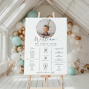 Tablero fotográfico minimalista para el primer cumpleaños, póster imprimible para el primer año del bebé, cartel fotográfico para el primer cumpleaños de 12 meses