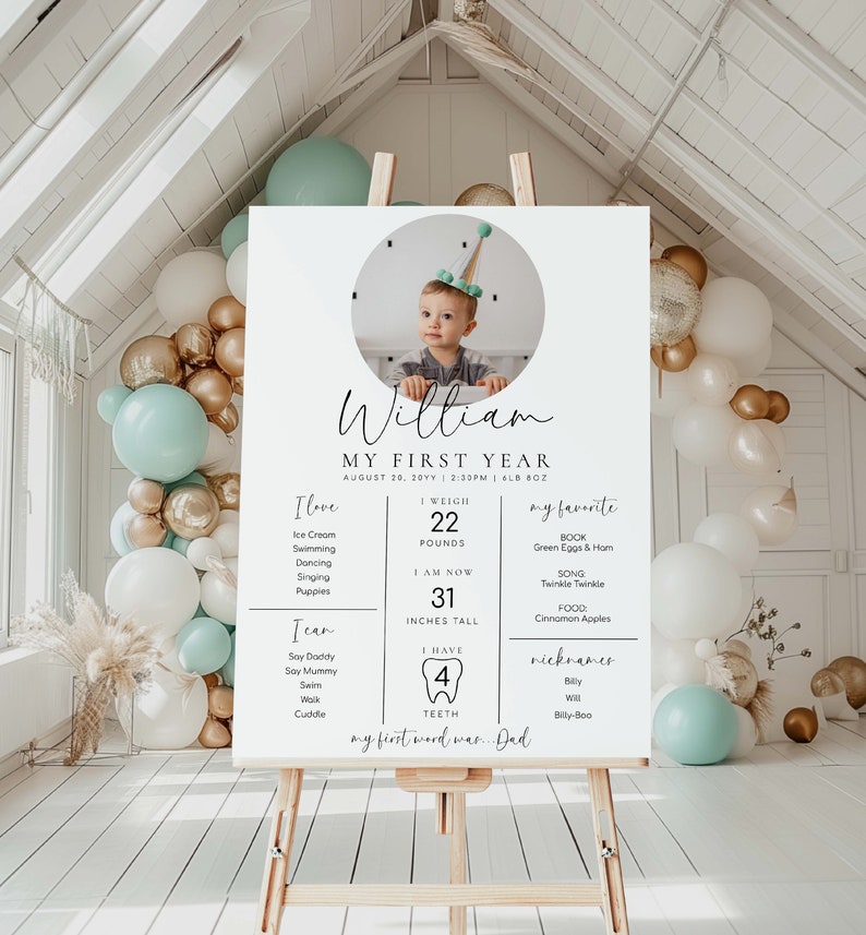 Minimalist Photo First Birthday Milestone Board, Printable Baby's First Year Milestone Poster, 1st Birthday 12 Months Milestone Photo Sign