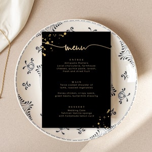 Druckbare Menüvorlage, Schwarz und Gold Abendkarte, Geburtstagsmenü, Hochzeitsmenü, Paintly