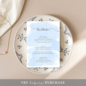 Editable Printable Menu Template Wedding Menu Blue Watercolor Menu DIY Menu Editable Template DIY Wedding Stationery Silver Foil image 2