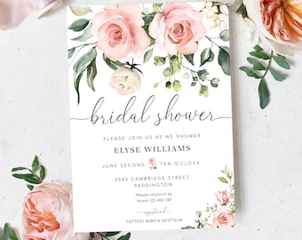 Blush Floral Brautdusche Einladung Vorlage, bearbeitbare Braut Brunch Einladung, druckbare Hen's Party Einladung, Evite, Darcy Floral