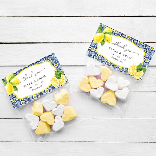 Printable Favour Treat Bag Topper - Printable Editable Positano Blue Tile Lemons Wedding Favor Tag - Bridal Shower Favour Tag -Thank You Tag