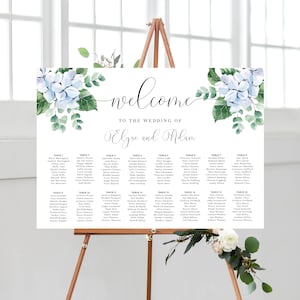 Bearbeitbarer Sitzplan, Blaue Hortensie Hochzeit Tischplan, Hochzeit Willkommensschild, Sitzplan Poster, Ferras Blüte
