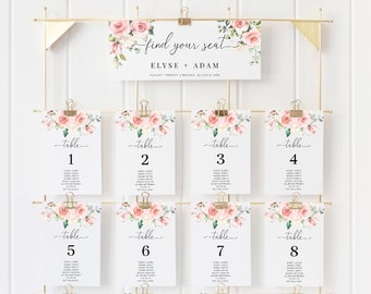 Printable Seating Chart Cards, Wedding Table Numbers With Guest Names, Blush Floral, Editable Wedding Table Number Template, Darcy Floral