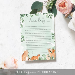 Dear Baby Game, Woodland Animals Baby Shower Wishes For Baby Game, Printable Gender Neutrals Forest Animals Words Of Advice Game image 2