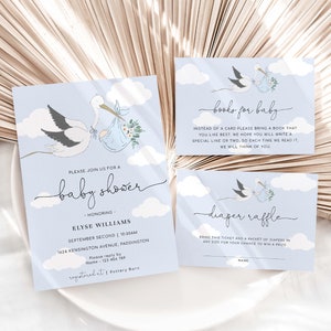 Suite d'invitations imprimables Shower de cigogne bleue, billet de tombola modifiable de couche-culotte bleu nuage garçon bleu, shower de bébé garçon courrier cigogne