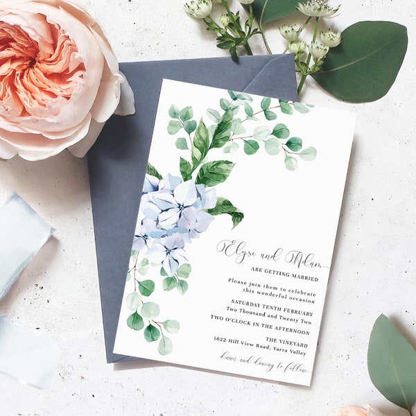 Editable Wedding Invitation Template - Blue Hydrangea Modern Wedding Invitation - Modern Floral - Ferras Blossom