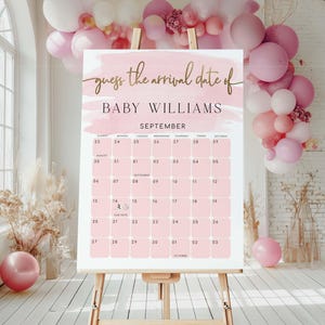 Spelbord 'Raad de aankomstdatum', roze aquarel, afdrukbaar bord 'Raad de vervaldatum'-spel, verjaardagsdatumkalender bord raadspel