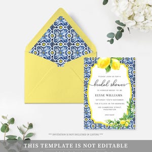 May include: A yellow and blue bridal shower invitation with a lemon and floral design. The invitation reads "Please join us for a bridal shower to honour bride-to-be Elyse Williams Saturday Tenth November Ten o'clock in the morning 160 Cambridge Street, Paddington".