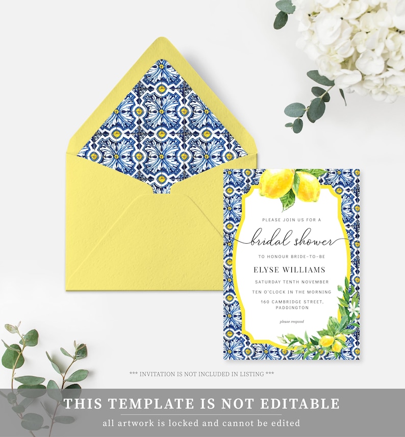 May include: A yellow and blue bridal shower invitation with a lemon and floral design. The invitation reads "Please join us for a bridal shower to honour bride-to-be Elyse Williams Saturday Tenth November Ten o'clock in the morning 160 Cambridge Street, Paddington".