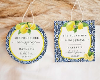 She Found Her Main Squeeze Printable Tags, Italian Positano Blue Tile Lemon Favor Tag, Bridal Shower Favor Tag, Lemon Wedding Favor Tags