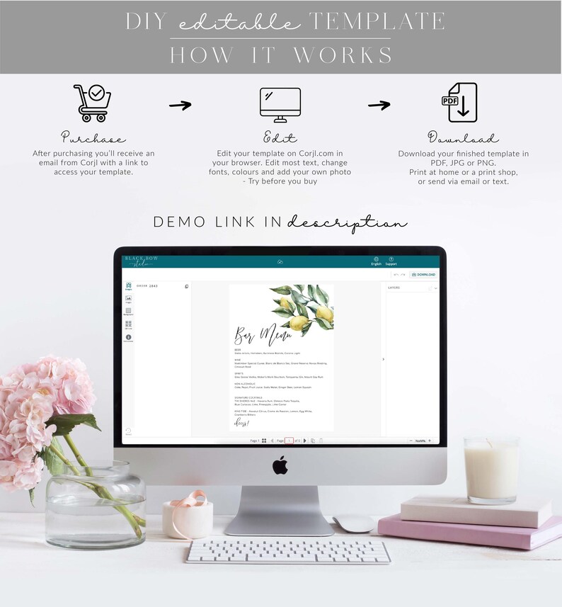 Lemon Bar Menu Sign – Editable Wedding Drinks Menu (Printable), Tuscan Floral image 8