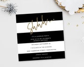 Black & White Surprise Party Invitation – Faux Gold Glitter (Editable, Printable)