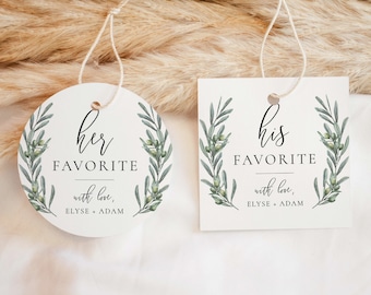 His and Her Favorite Printable Favor Tag, Italian Olive Leaves His and Her Wedding Favor Sticker Label, Bridal Shower Favor Tag, Olive Grove