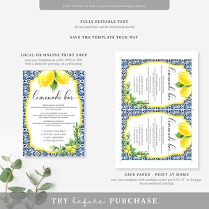 Editable Lemonade Bar Sign Template, Positano Blue Tile Lemon ...