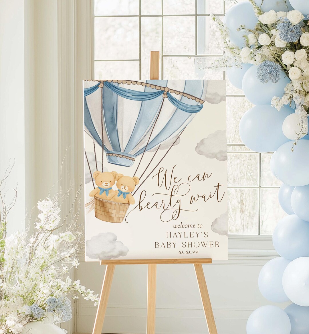 Teddy Bear Twins Baby Shower Welcome Sign: Hot Air Balloon Theme ...