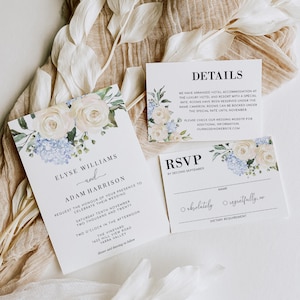 Weiße Rose Blaue Hortensie Hochzeitseinladung, Vorlage für Hochzeitseinladung, Antwortkarten, Antwortkarten, Hochzeitseinladung, sofortiger Download, Darcy Floral