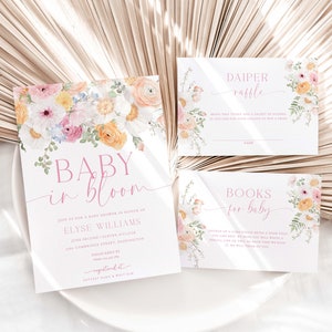 Druckbare Baby In Bloom-Babyparty-Einladung, Windel-Los, Buchanfrage, Gender Neutral-Babyparty, Frühlings-Wildblume, Millie