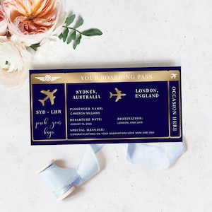 Modello di carta d'imbarco modificabile - Biglietto aereo falso a sorpresa blu navy oro stampabile - Biglietto aereo regalo per le vacanze - Lamina d'oro - Paintly