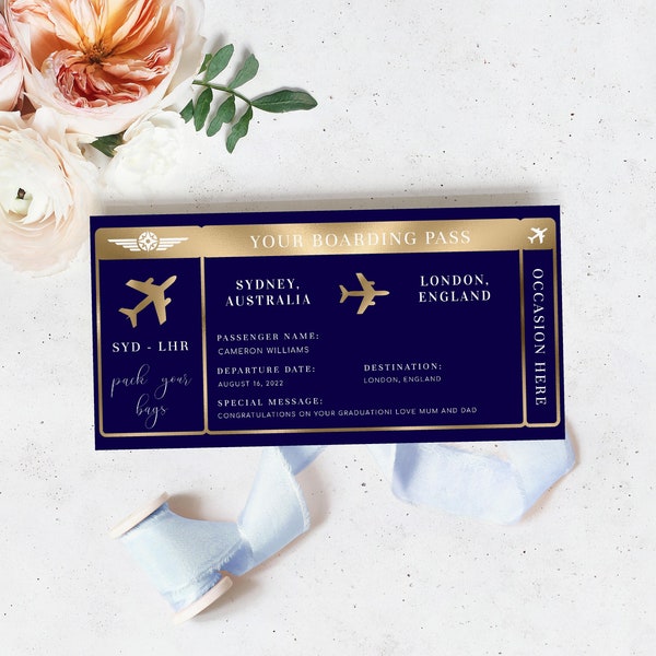 Editable Boarding Pass Template - Printable Navy Gold Surprise Fake Airline Ticket - Vacation Airplane Ticket Gift - Gold Foil - Paintly