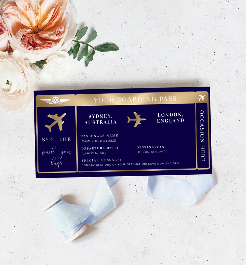 Editable Boarding Pass Template  Printable Navy Gold Surprise image 0