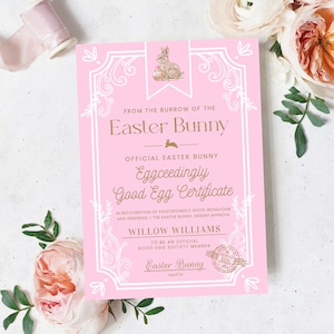 May include: A pink certificate with a white border and ornate design. The certificate reads "From the burrow of the Easter Bunny, Official Easter Bunny Eggceedingly Good Egg Certificate". The certificate is addressed to Willow Williams and states that she is an official Good Egg Society Member. The certificate is signed by the Easter Bunny.