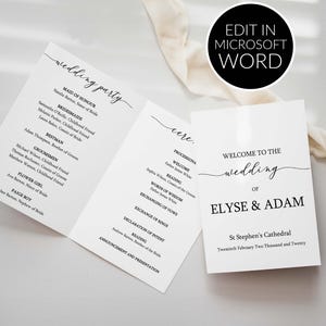 印刷可能な結婚式プログラム小冊子テンプレート、結婚式の式次第、Word での編集、式次第、DIY 結婚式の文房具