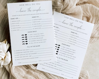 How Well Do You Know The Couple Printable Game, Bridal Shower Couples Trivia Game, Minimalist Wedding Shower Couples Quiz Game, Quinn Script